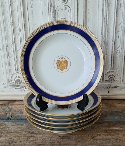 Set på 6 B&G dessert dybtallerken dekoreret med kongeblå fane, græsk evighedsmønster og våbenskjold i guld 21 cm.